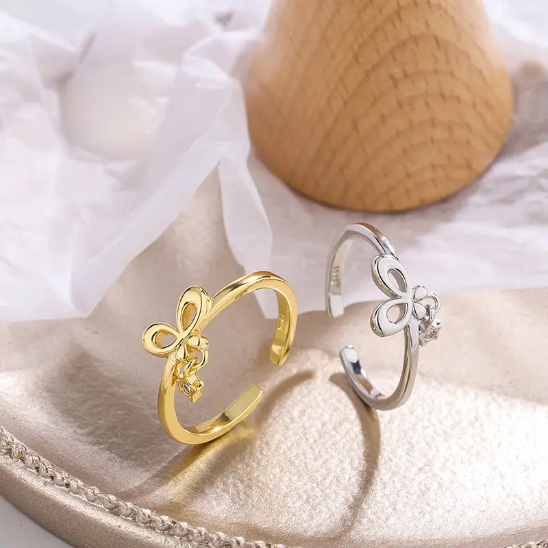 New Dainty Gold Fliege Ewigkeit Ring Sterling Silber Ring Modeschmuck Schmetterling Bogen Knoten Seil Twisted Thin Band Ring