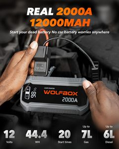 WOLFBOX 2000A 44.4Wh Démarreur de batterie 12V avec écran LED, portable pour moteurs essence 7L/diesel 6L, Noir/Gris, Pack de démarrage - Product Image 2