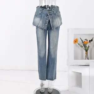 OUDINA In Stock di Jeans a due pezzi staccabili alla moda da donna Vintage con bordo grezzo pantaloni a nove punti per donna