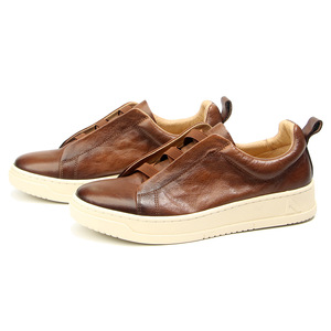 Slip-On <b>Sneakers</b> Men Genuine <b>Leather</b> Casual Shoes Elastic Band Low Heel Solid Color Retro Fashionable Loafers - Product Image 4