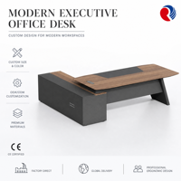 Bureau de direction en forme de L en noyer avec tiroirs de rangement et armoire latérale, structure anthracite, table de bureau pour manager