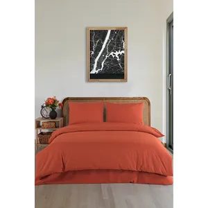 Parure de lit double Karden Flower Plain 100% coton, housse de couette terracotta, drap plat, 2 taies d'oreiller, chambre à coucher, douce et respirante - Product Image 2