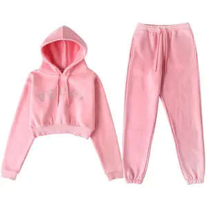 Jogging Sets 2024 New Arrival Cotton Fleece Warm Jogging 2 Piece Set Women Rhinestone Hoodie Pants Sets Bling Sweatsuit