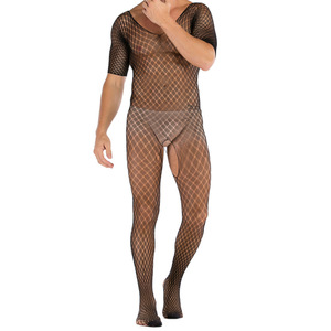 Men's <b>Fishnet</b> Bodystocking Black Spandex Polyester Exotic Dancewear Full <b>Body</b> Sheer Mesh Long Sleeve - Product Image 4