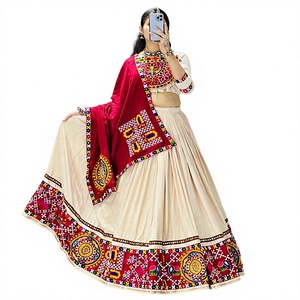 Women's Cream & <b>Red</b> Embroidered <b>Lehenga</b> Choli Set With Dupatta Traditional Indian Pakistani <b>Wedding</b> Wear FloorLength Cotton Dres - Product Image 1