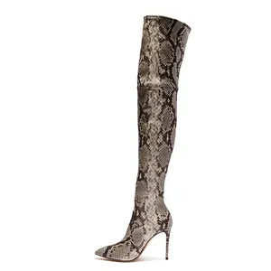 Botas femininas de salto alto, botas stiletto de tamanho grande e estampas de cobra, acima do joelho 2019