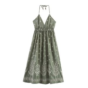 Vestidos Midi con Bordado Floral para Mujer, Cuello Halter Verde, Lazo en la Espalda, Estilo Casual para Primavera/Verano - Product Image 1