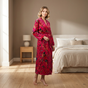 Robe longue en velours à imprimé floral et arbres pour femme, col en V, manches longues, ceinture enveloppante, écologique, printemps, été, hiver, kimono - Product Image 1