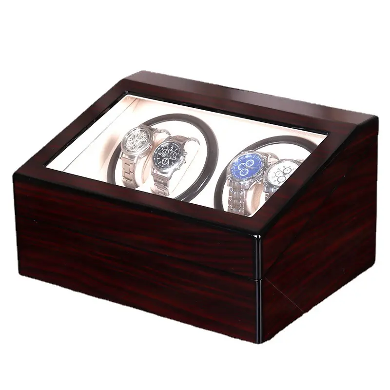Di alta qualità lacca nera pittura in legno 4 slot orologio automatico avvolgitore con 6 slot cuscino organizer regalo custodia velluto interno