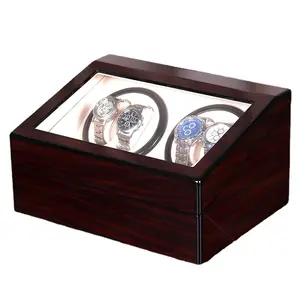 Pernis hitam kualitas tinggi jam tangan kayu 4 slot winder otomatis dengan 6 slot organizer bantal casing hadiah bagian dalam beludru