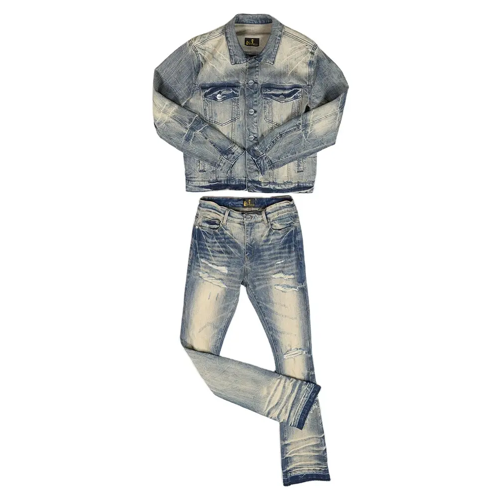 Fabricage Van Hoge Kwaliteit Maatwerk Heren Denim Set Tweedelige Mode Denim Set