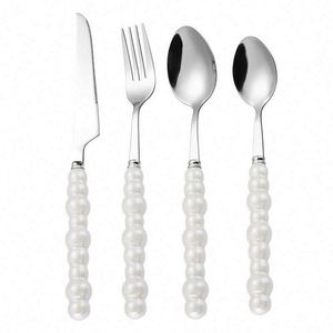 High <b>Aesthetic</b> Nordic Western Tableware, Luxury Creative Stainless Steel Knife Fork Spoon with Ceramic Pearl Handle - Product Image 1