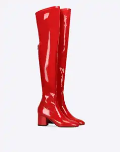 Red Patent Leather Women's Plus Size EUR 34-46 Leg Boots Square 3-5CM Heel Zipper Over the Knee Boots