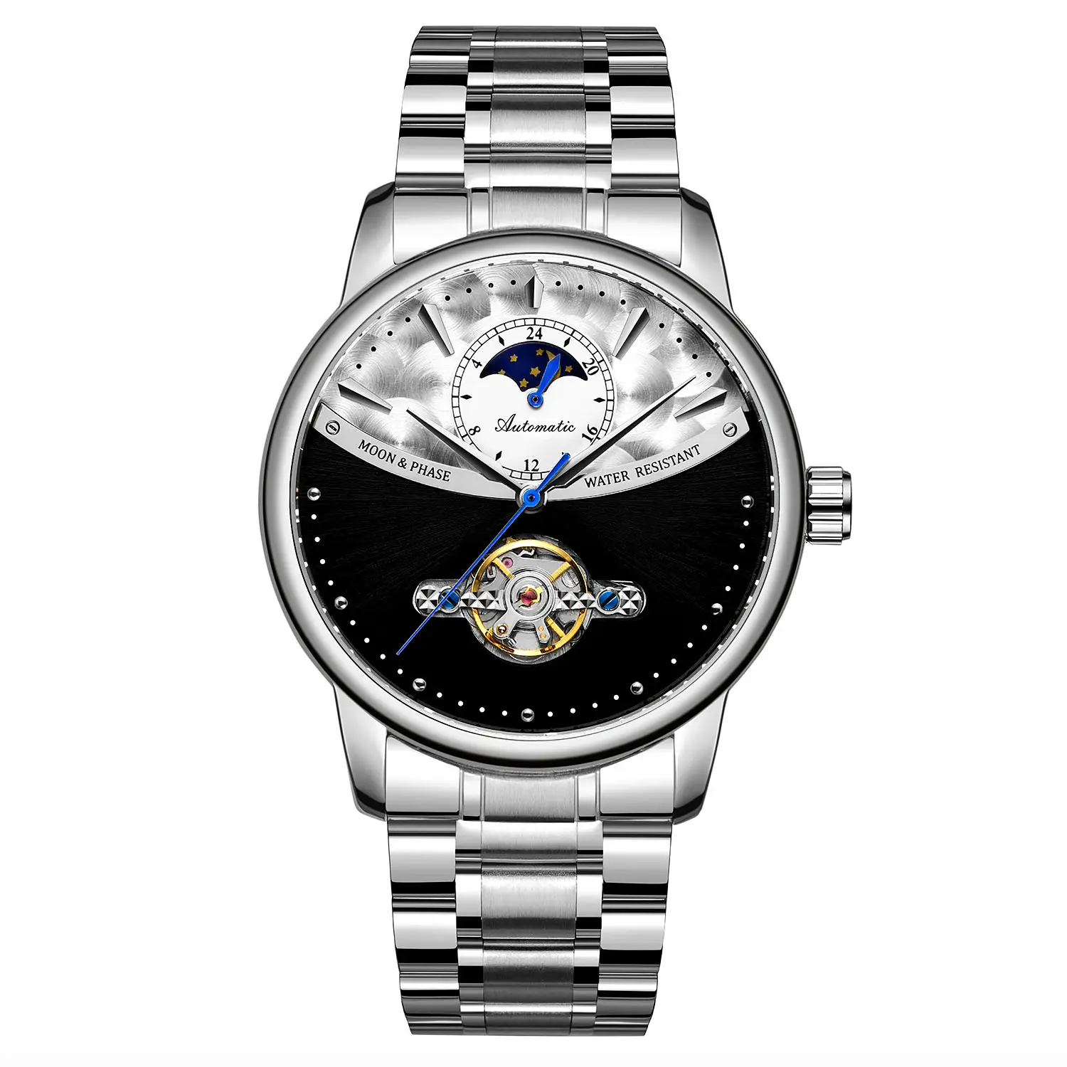 High-end luxury Forsining Double Color Leather Man Water Resistant Flying Moonphase Tourbillion Automatic Mechanical Watches