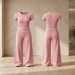 <b>Pink</b> Solid Casual Embroidered Two Piece Women Set Short Sleeve <b>Crop</b> <b>Top</b> Wide Leg Pants for Outfit - Product Image 3