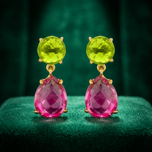 Boucles d'oreilles clous en or 14 carats plaqué or avec calcédoine fuchsia et péridot vert pour femme, bijoux tendance pour soirée - Product Image 3