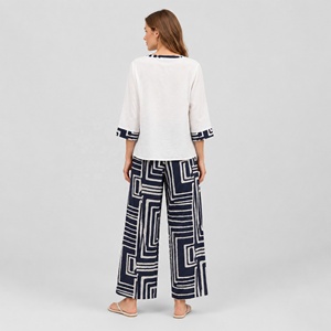 Ensemble 2 pièces en lin mélangé à imprimé <span class=keywords><strong>labyrinthe</strong></span> géométrique pour femme, haut à manches 3/<span class=keywords><strong>4</strong></span> et pantalon large décontracté - Product Image 2