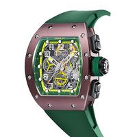 Jam tangan mekanis pria chronusart, jam tangan pria mewah, karbon, Tonneau, lempeng jam mekanis, dengan tangan bercahaya, tali karet hijau