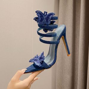 Denim Blue Snake Female Party <b>Shoes</b> Ankle Wrap Around Heels for Women - Product Image 2