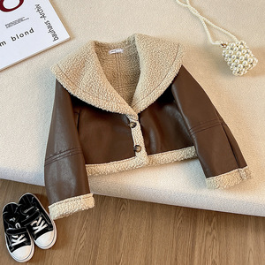 Cappotto in Ecopelle per Bambine con Grande Collo a Risvolto, Foderato in Pile, Caldo per l'Inverno, Stile Coreano, Abbigliamento Esterno per Bambini - Product Image 1