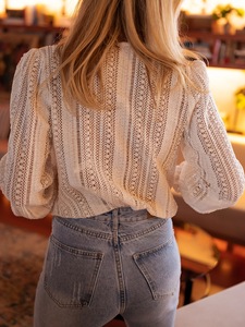 <strong>White</strong> Crochet Lace V Neck Blouse Puff Ruffle Sleeve <strong>Boho</strong> <strong>Top</strong> for Women Casual Loose Fit Vintage Style Womens Casual Lace <strong>Top</strong> - Product Image 3