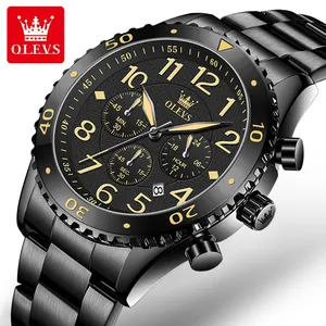 OLEVS jam tangan Quartz pria, arloji tali Stainless Steel model baru Geneva 9969