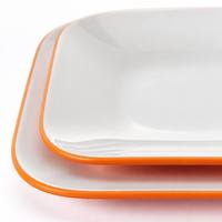 Ensemble d'assiettes carrées en mélamine à bordure orange, blanc brillant, coins arrondis, qualité alimentaire, incassable, vaisselle en gros, personnalisable