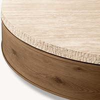 Table basse de salon de style américain personnalisée Rhoohill de haute qualité avec plateau en travertin, table à thé ronde moderne en chêne blanc