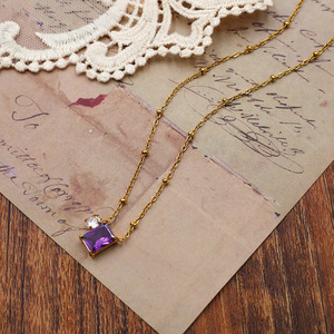 European American Style Rectangular <b>Amethyst</b> <b>Necklace</b> Gold Chain Geometric Pendant Everyday Wear Clavicle Chain - Product Image 3
