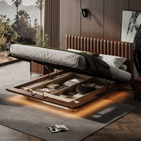 Lit double flottant minimaliste en cuir ultra-fin de style italien haut de gamme avec tête de lit pour chambre à coucher, design complet pour aménagement de chambre.