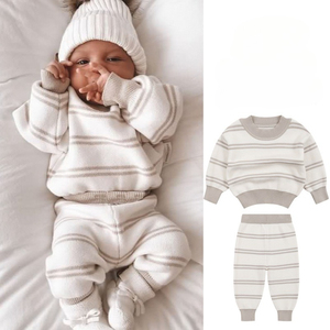 Set di 2 Pezzi per Neonati: Maglione e Pantaloni Sportivi in Cotone Pettinato, Maniche Lunghe, Collo a V, Unisex, a Righe, per Autunno e Inverno - Product Image 2
