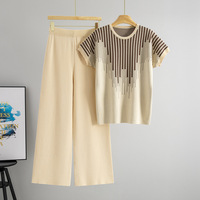 Ensemble pull tricoté pour femme, été, respirant, polyester et coton, tenue décontractée deux pièces, pantalon large, haut à manches courtes