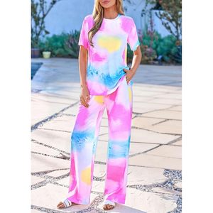 Women's <b>Tie</b> Dye Pajama Set Short Sleeve Knitted Lounge Wear Sleepwear Outfit Spring Summer 2 Piece Soft Comfortable Matching Set - Product Image 2