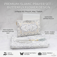 Ensemble de tapis de prière musulman élégant 3 pièces avec motif papillon et fleur, sac fourre-tout assorti et compteur de tasbih numérique 70x110cm, cadeaux islamiques