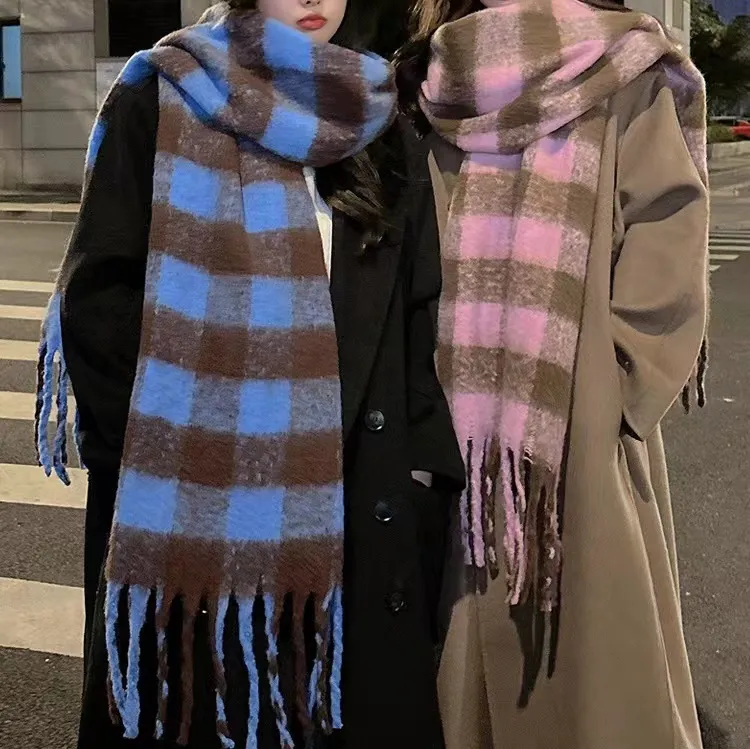 Bufanda a cuadros teñida con hilo de invierno de algodón y poliéster para mujer, elegante bufanda pashmina de invierno de alta calidad de fábrica profesional