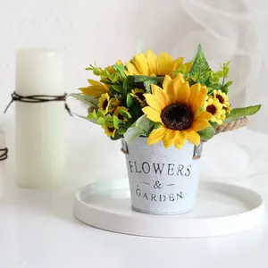 INS Style Sunflower Artificial Plant Bonsai Retro Iron Bucket Thick Hemp Rope Other Decorative flowers and Plants Office Potted