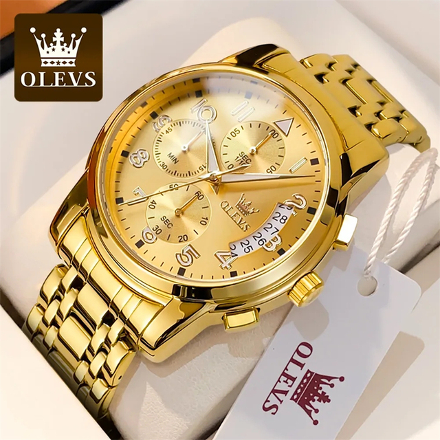 OLEVS Gold Watch for Men Luxury Top Brand Luminous Waterproof Steel Sport Chronograph Multifunction Fashion Men's Quartz Watch