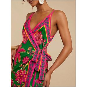Vestido Camisero con Estampado Tropical para Mujer, Sin Mangas, Cuello en V Cruzado, Lazo, Estilo Boho, Cintura Natural, Informal, Transpirable, Tejido - Product Image 3