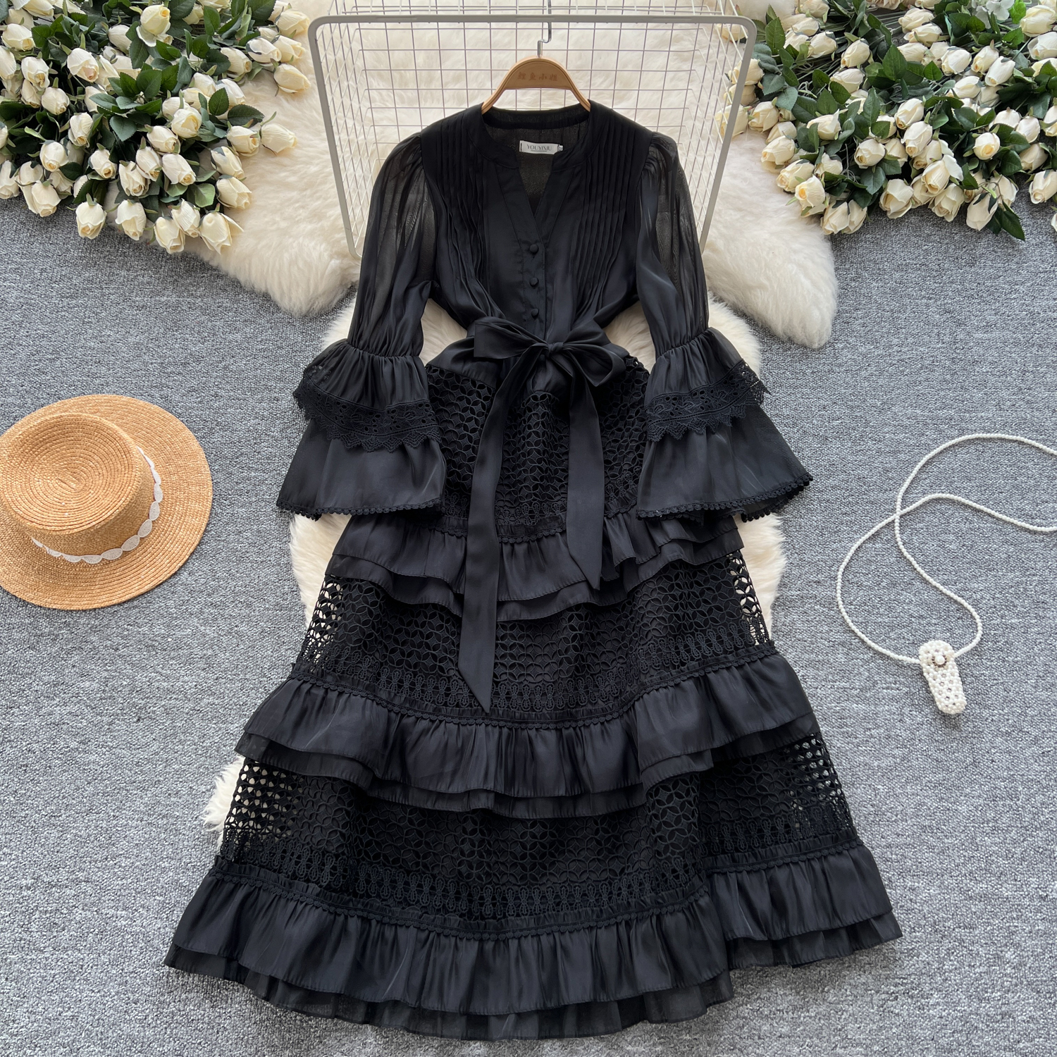 New Hollow-Out Ruffle Layered Flared Sleeve Dress for Women Elegant Women'S  Dresses Luxury Women'S Elegant Dress| Alibaba.com