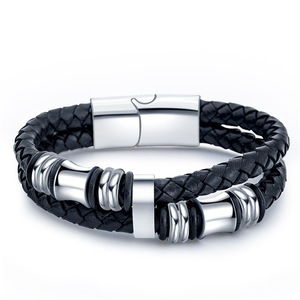 Men's Braided Leather <b>Wrap</b> Bracelet Stainless Steel Gold Plated Casual Sporty Style Geometric Pattern <b>Black</b> - Product Image 3