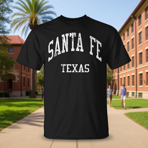 T-shirt Santa Fe Texas in stile college retrò, nera, unisex, girocollo, manica corta, per adulti - Product Image 3