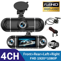 Caméra de tableau de bord WIFI 4 canaux avec écran de 3 pouces, assistance à la conduite, mode de stationnement 24 heures, vision nocturne à 360 degrés, 4 objectifs, caméra DVR pour voiture