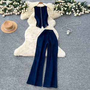 Ensemble gilet tricoté sans manches à col rond avec boucle métallique et <span class=keywords><strong>pantalon</strong></span> long en jean taille haute à jambes larges pour <span class=keywords><strong>femme</strong></span> - Product Image 3