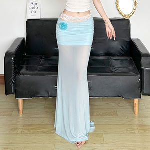 Resort Beach Style Lace Patchwork Mesh Maxi <b>Skirt</b> for Women | French Vintage 3D Floral <b>Sheer</b> Long <b>Skirt</b> Vacation - Product Image 2