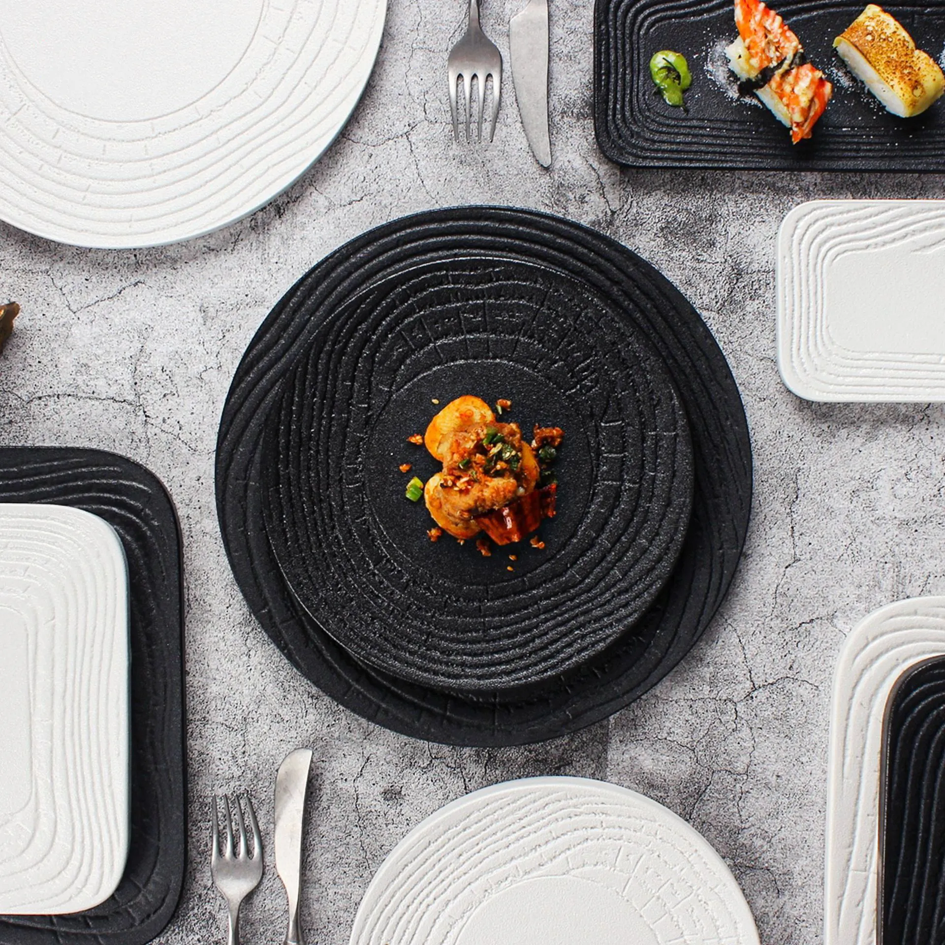바위 질감 시리즈 8 "9" 10 "인치 블랙 화이트 라운드 사각형 직사각형 일본 접시 석기 접시 레스토랑 요리