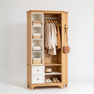 Armoire sur pied en bois massif de style nordique avec tringle à vêtements, tiroirs, étagères ouvertes et crochets pour chambre à coucher - Product Image 2