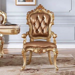 Chaises de salle à manger classiques européennes de luxe en bois massif avec accoudoirs dorés, meubles de <span class=keywords><strong>restaurant</strong></span> en bois massif et cuir véritable pour la maison - Product Image 1