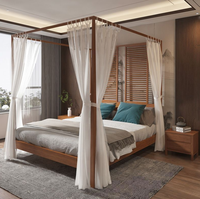 Lit double en bois massif, lit à baldaquin de style nordique chinois, lit moderne et simple avec rideau, quatre piliers