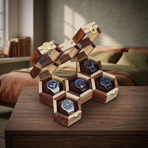 Boîte à montres hexagonale en bois, organisateur à 5 compartiments, fermeture à boucle de protection, étui à bijoux fait main - Product Image 3