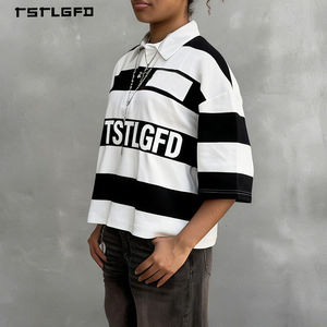 Camiseta Polo Oversize de Algodón Suave con Hombros Caídos, Diseño Boxy, Rayas Blancas y Negras, y Parche Bordado 3D Personalizado - Product Image 3